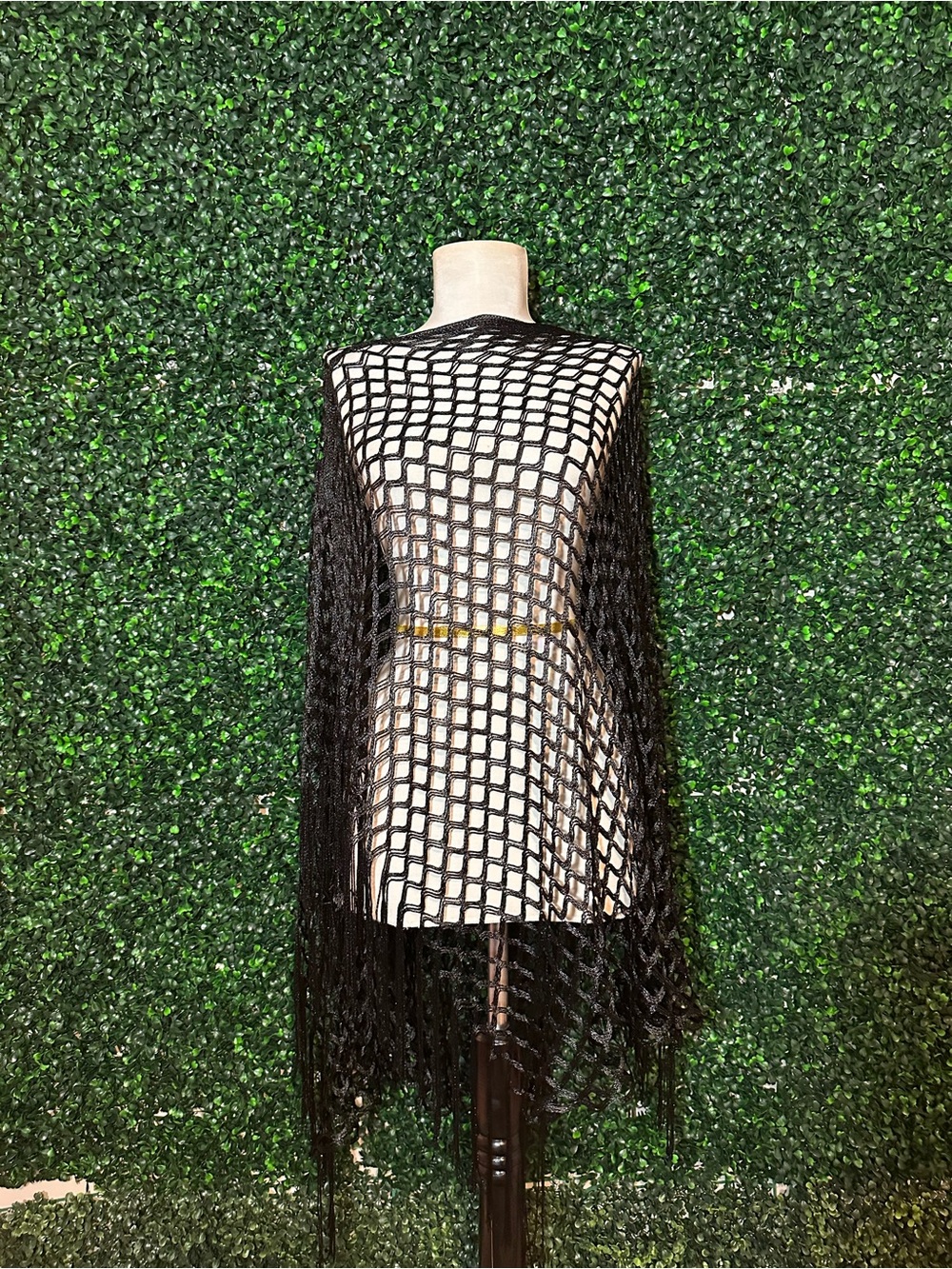Black Open Net Crochet Fringe Poncho